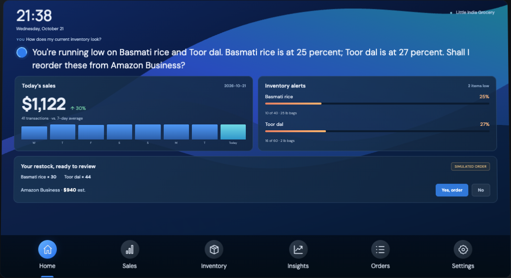 StoreYog sales and stock cards on an Echo Show style screen